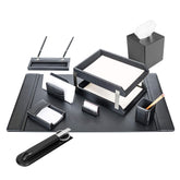 Classic Black Leather 11pc Desk Set, Silver Accent